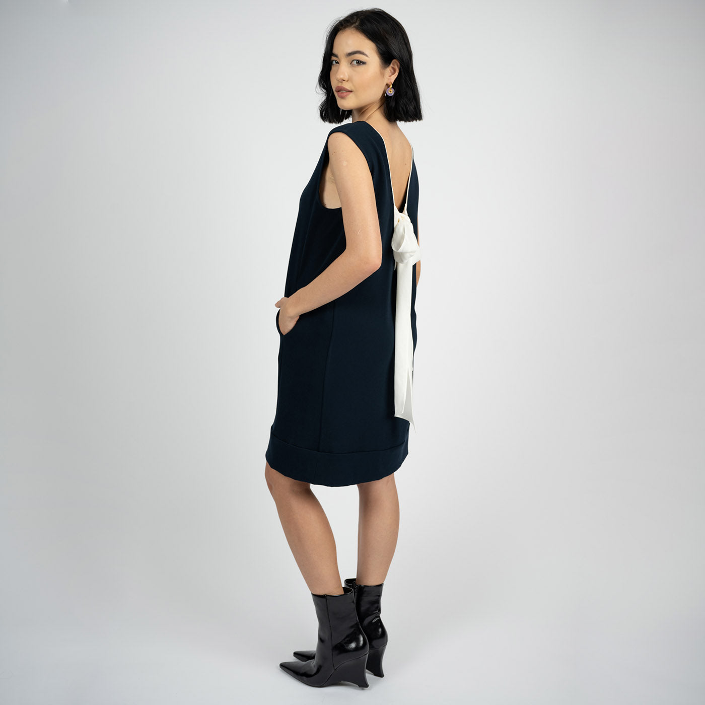 "Lauren” Acetate Sleeveless Mini Dress with a Bow