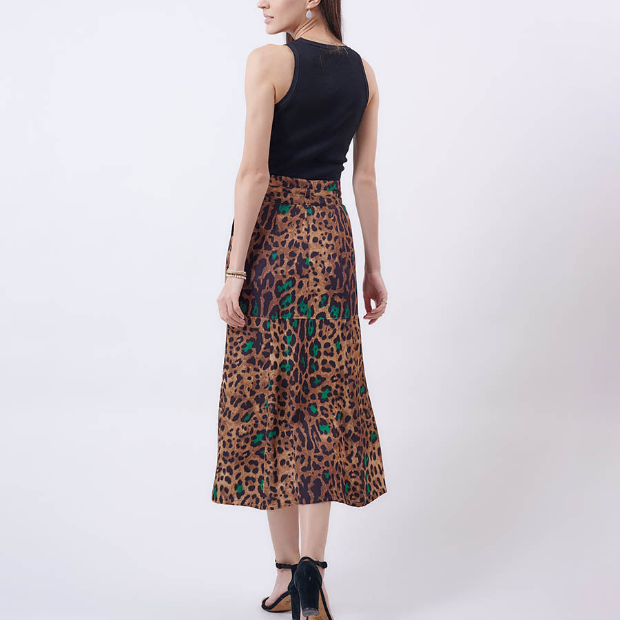 “Lorna” Leopard Print Midi Silk Skirt