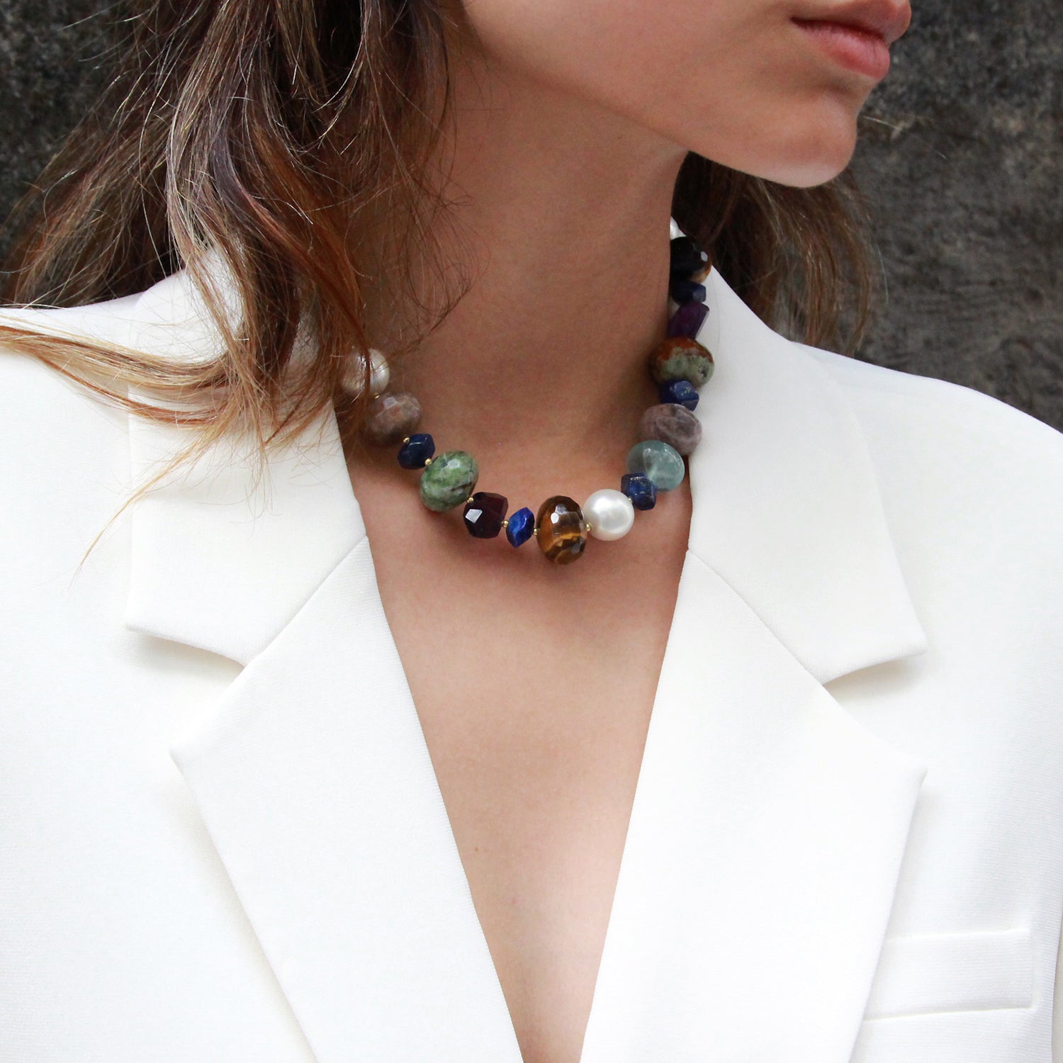 "Pearl Party " Swarovski Pearl, Lapis Lazuli and Gemstones Necklace
