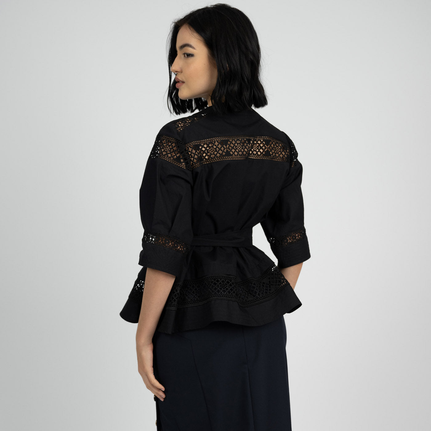 “Mara” Black  Belted Lace Blouse