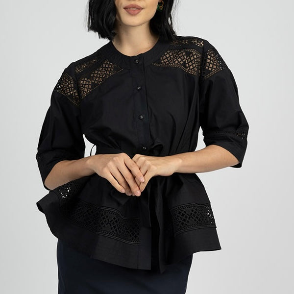 “Mara” Black  Belted Lace Blouse