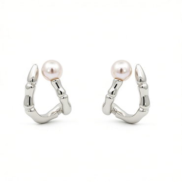 “Pearlie” 925 sterling silver Pearl Bamboo Hoop Earrings
