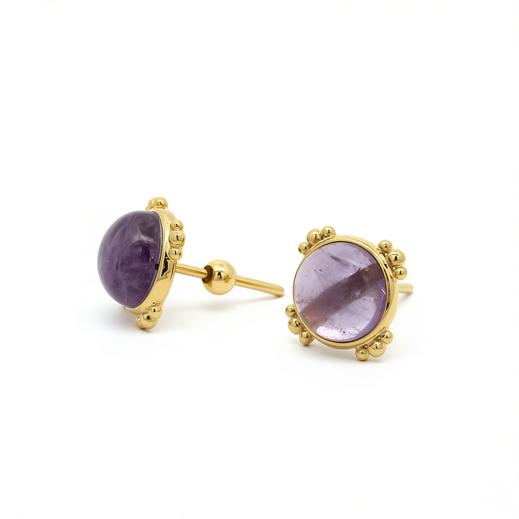 9K GOLD ROUND PURPLE AMETHYST EARRINGS