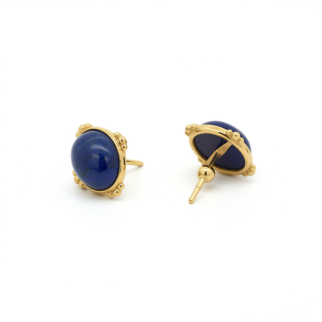 9K GOLD ROUND LAPIS LAZULI EARRINGS