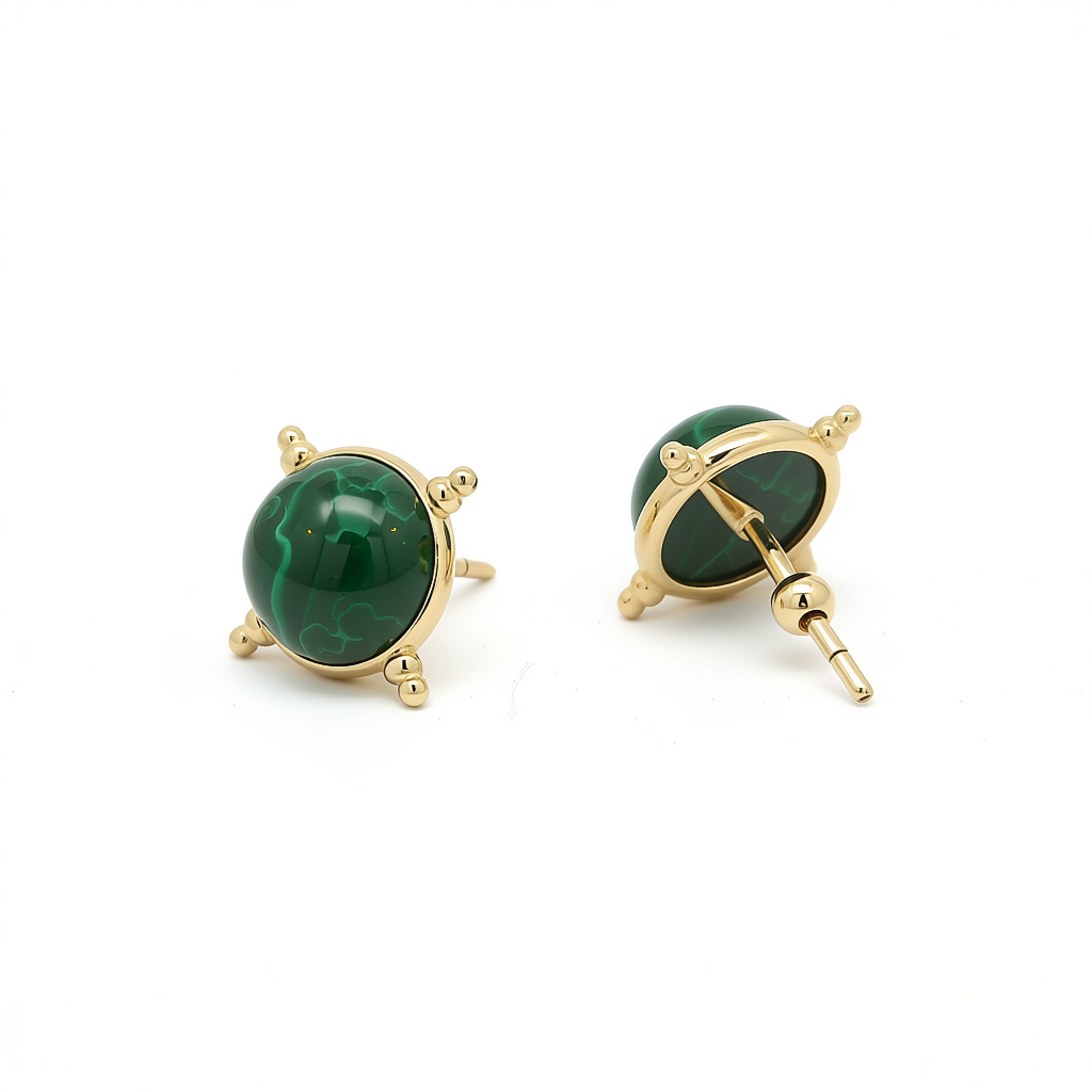 9K GOLD ROUND MALACHITE EARRINGS