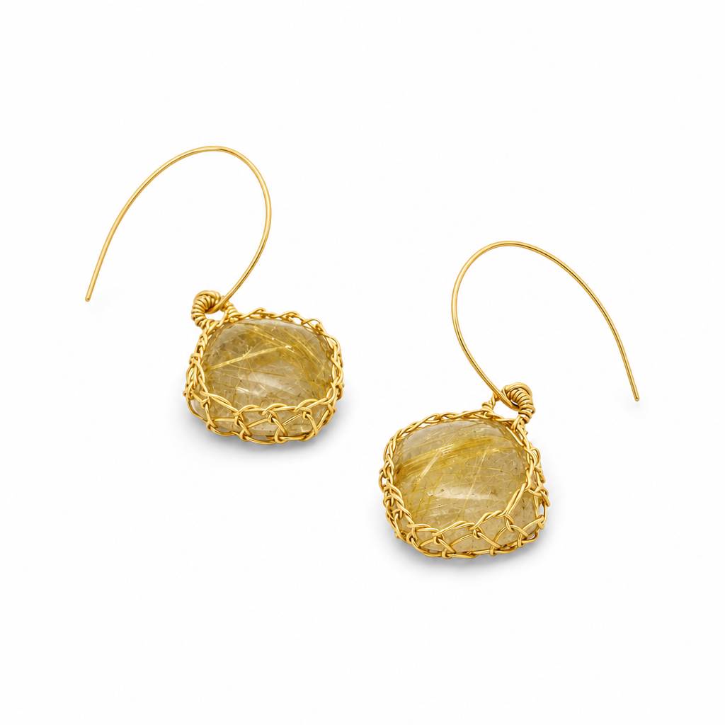"NATI" GOLDEN RUTILATED Quartz NET DIAMOND EARRINGS