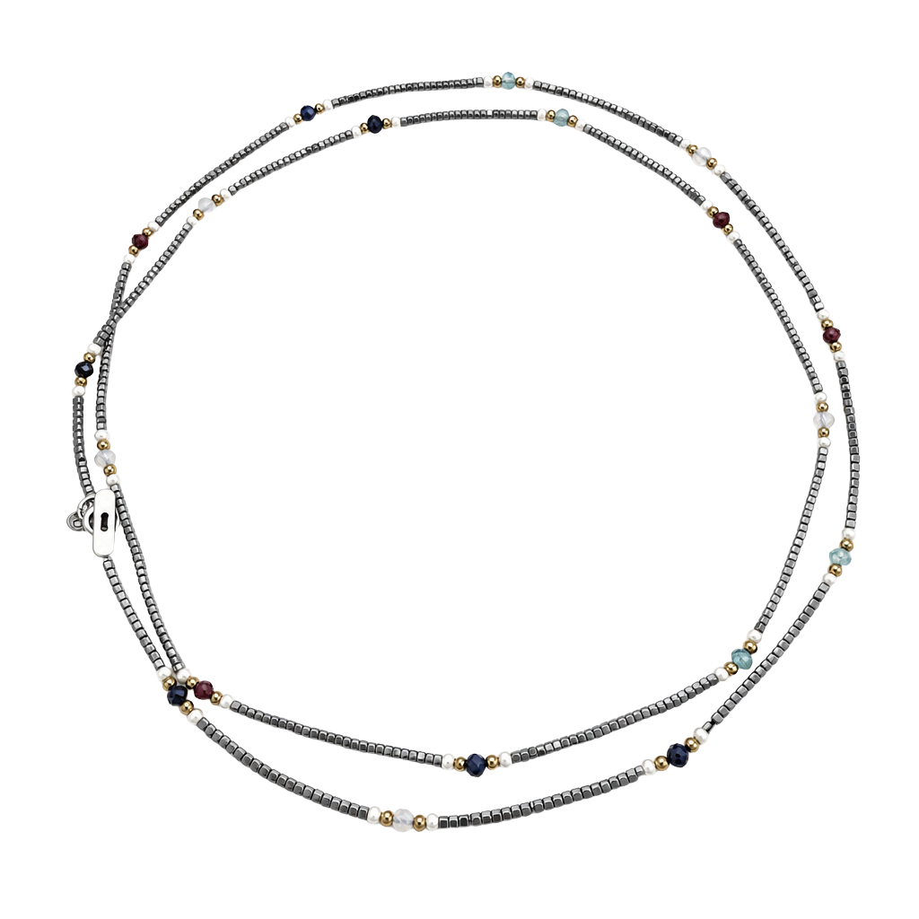 "Twinkle" Silver Hematite and Mix Stones Long Necklace
