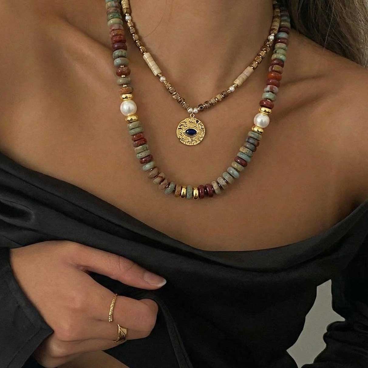 “Naomi” Gemstone Necklace with Golden Evil Eye / Picture Jasper