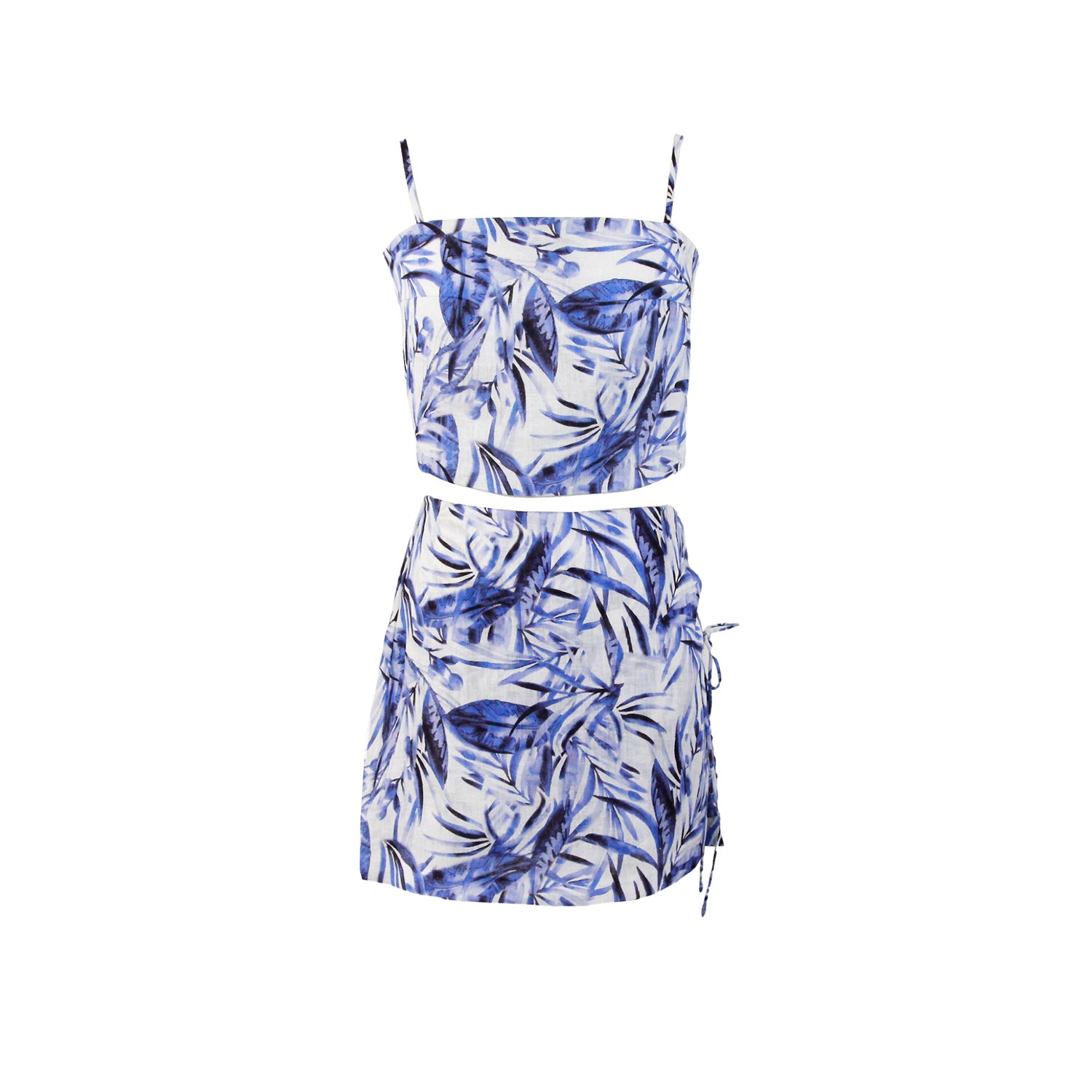 “BEA” Tropical Blue Leaves Linen Short-Skirt