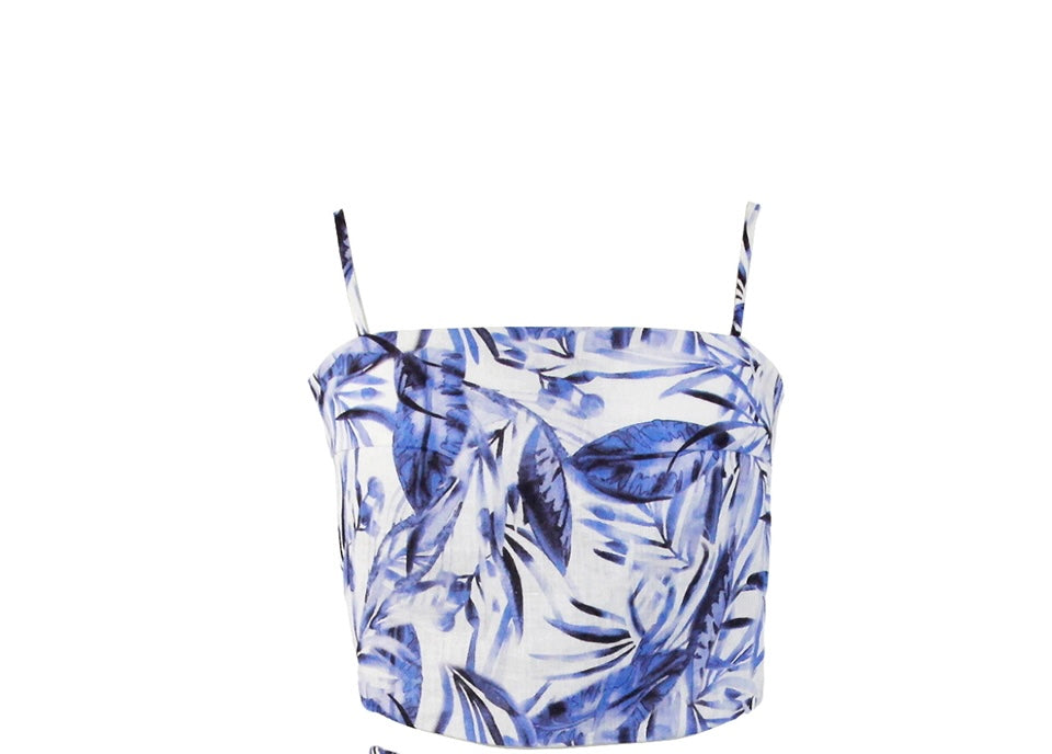 “BEA” Tropical Blue Leaves Linen Short-Skirt