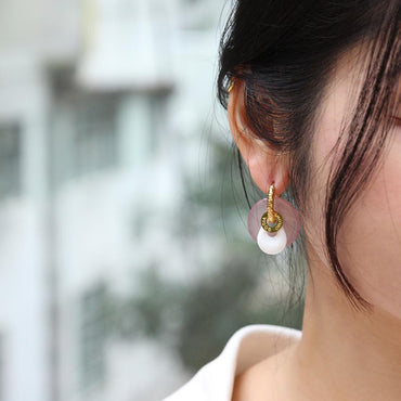 “CIAMBELLA” 2 STONES PINK AND WHITE AGATE EARRINGS