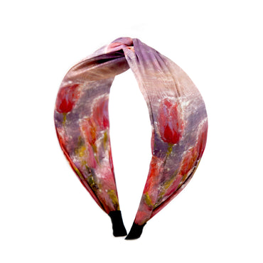 “Tulip” Pink Tulip Print Twisted Style Satin Silk Headband