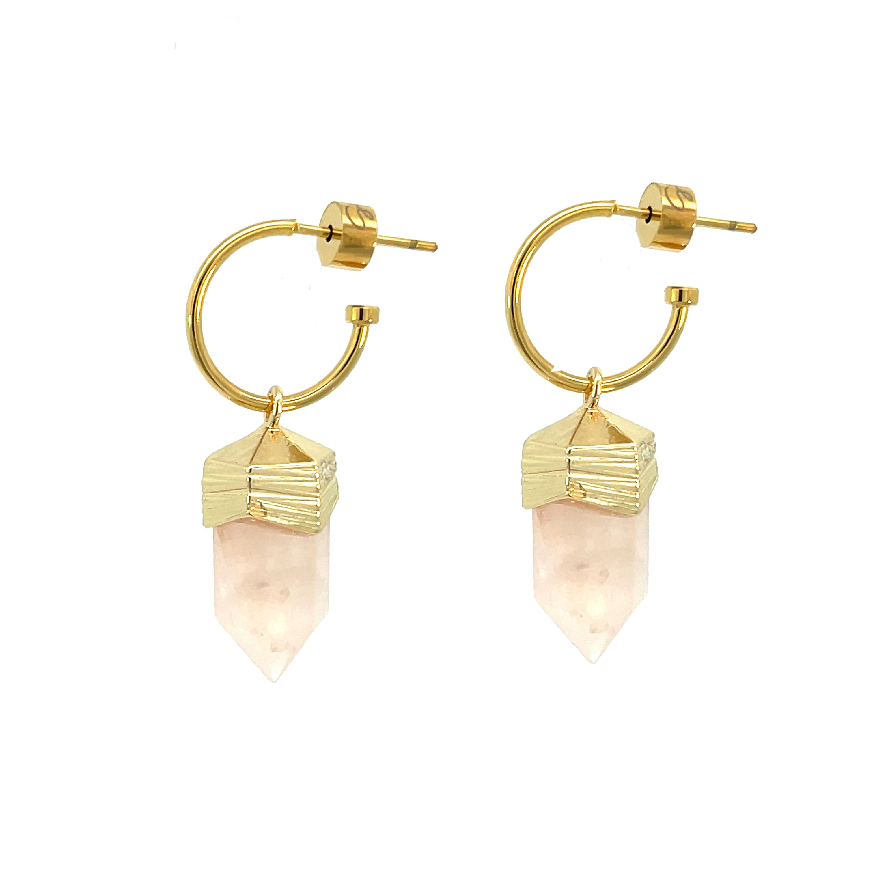 "AMARI" Crystal Hexagonal Pendulum Earrings / Rose Quartz
