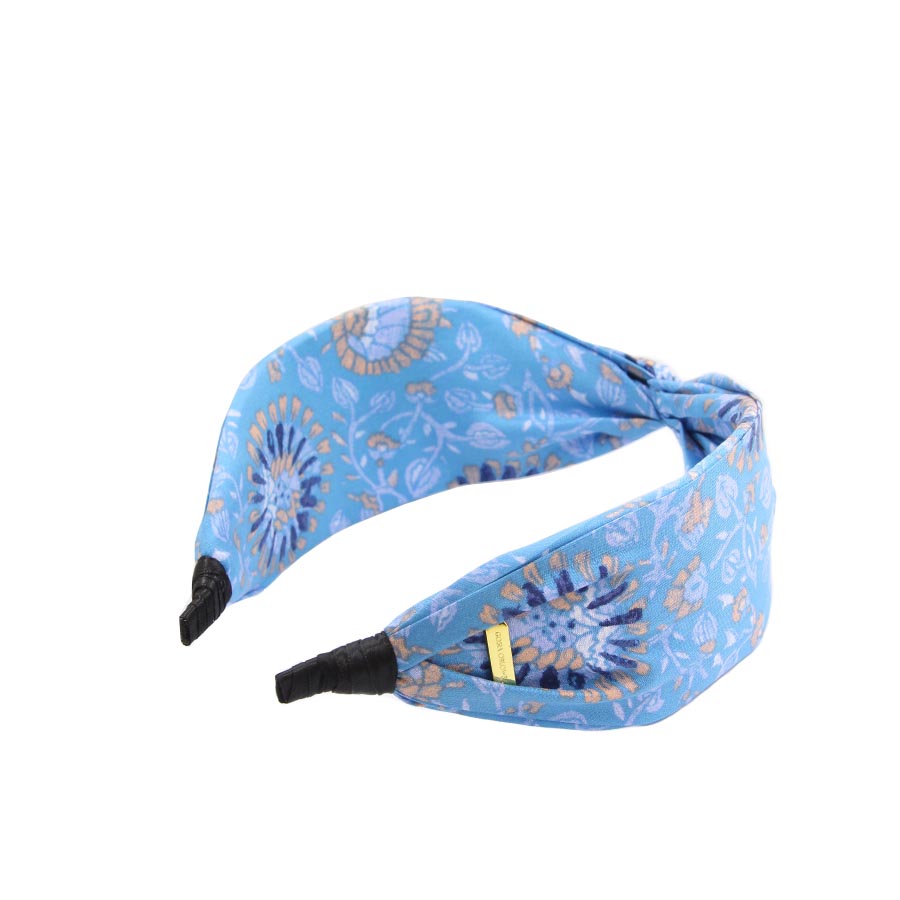 “Poppy” Sky Blue & Plant Print Silk Headband