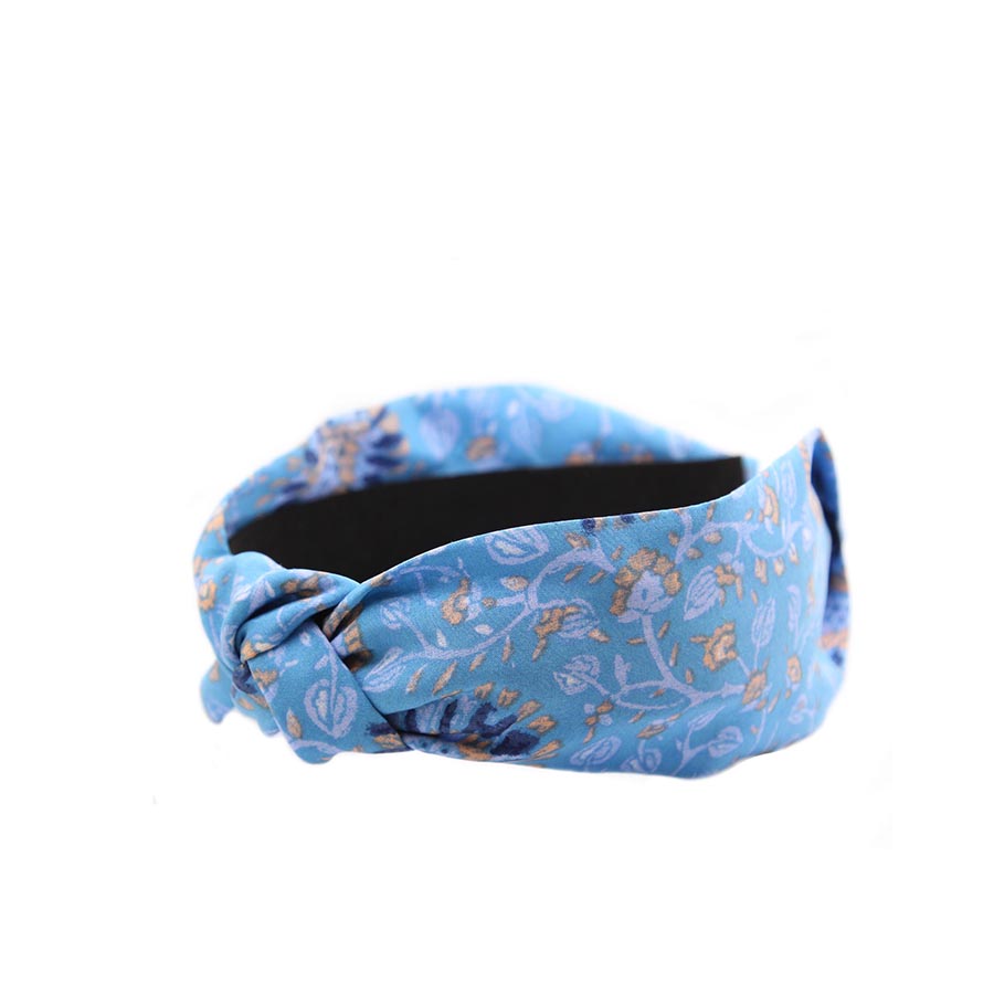 “Poppy” Sky Blue & Plant Print Knot Style Silk Headband