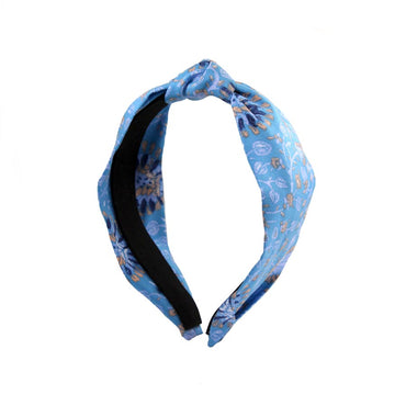 “Poppy” Sky Blue & Plant Print Knot Style Silk Headband