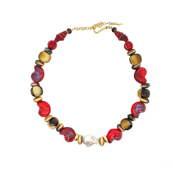 “Del Mare” Freshwater Pearl Ceramic Seashell Choker - Carmine Red