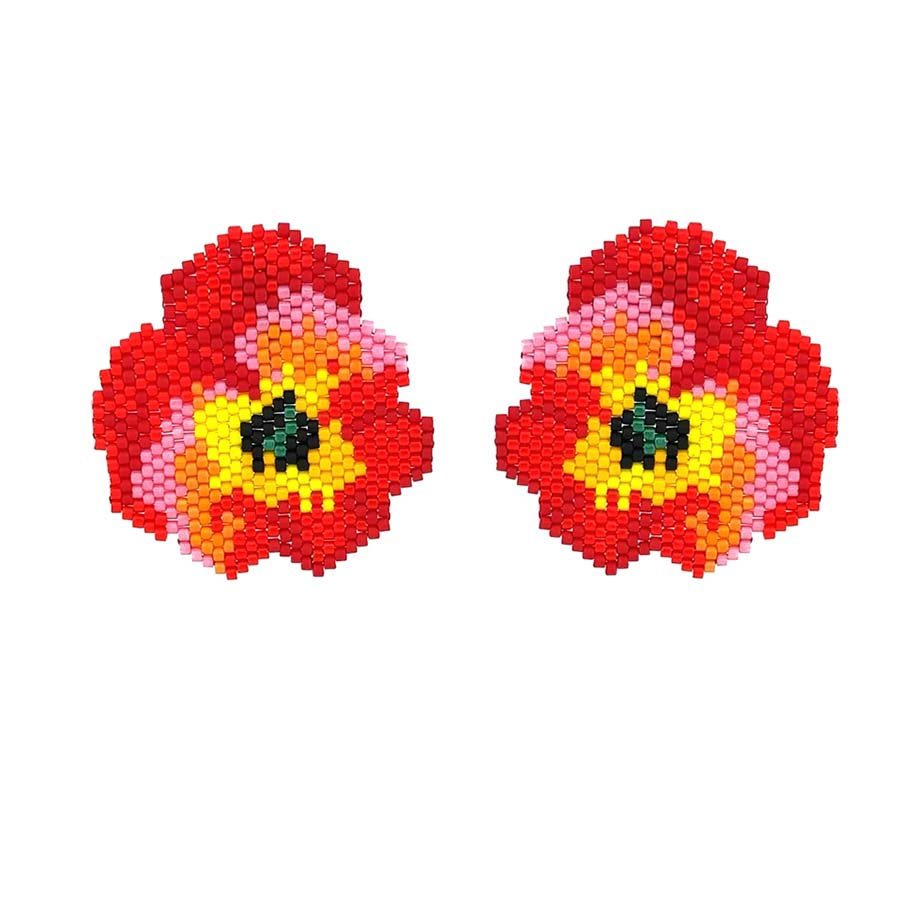 "RED VIOLA" BEADED FLOWER EARRINGS