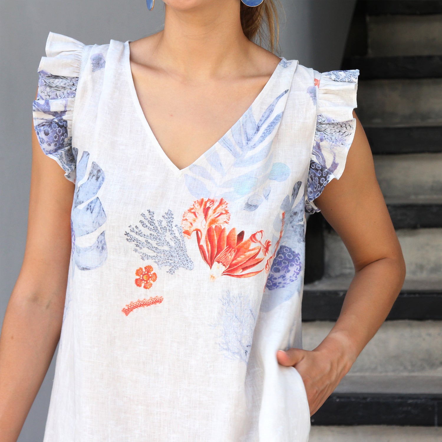 “MARE” Coral prints Linen Dress