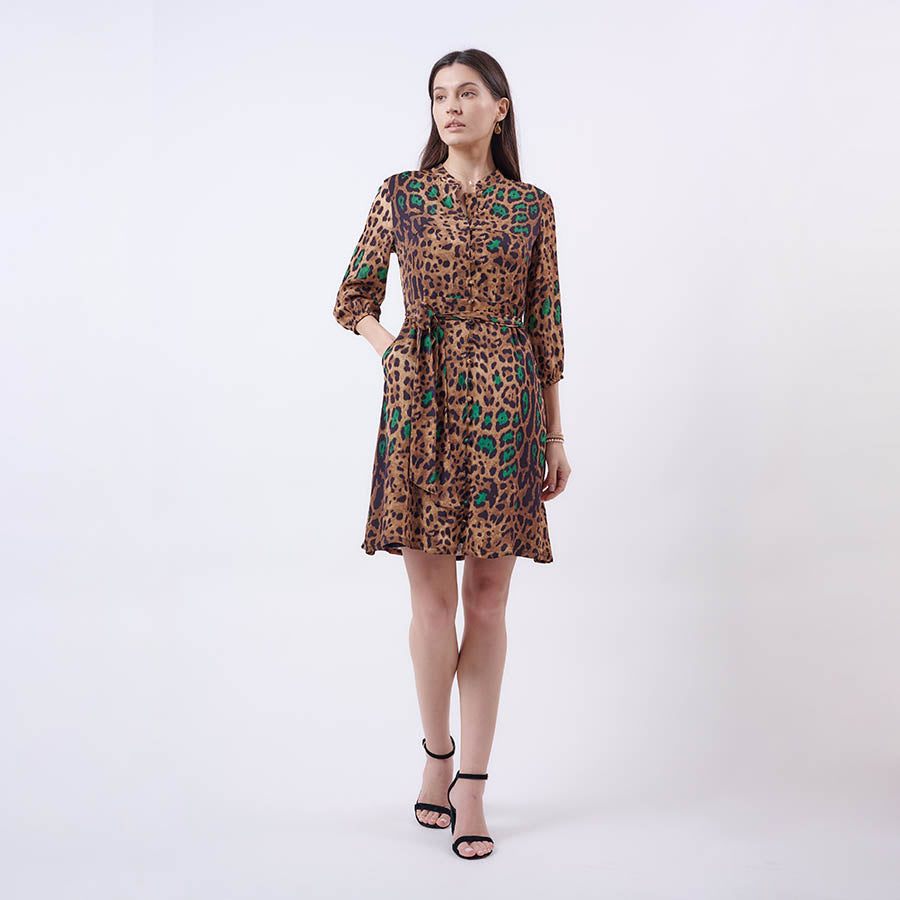 “Shelby” Leopard print button up silk dress