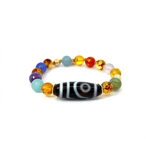 LUCKY AMBER - AMBER, AGATE and TIBETAN DZY MIX STONE BRACELET