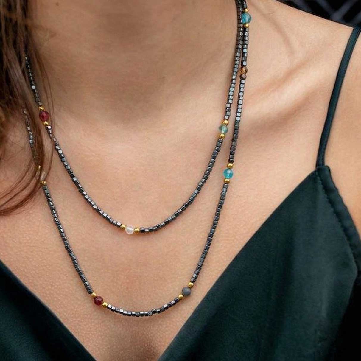 "Twinkle" Black Hematite and Mixed Stones Long Necklace