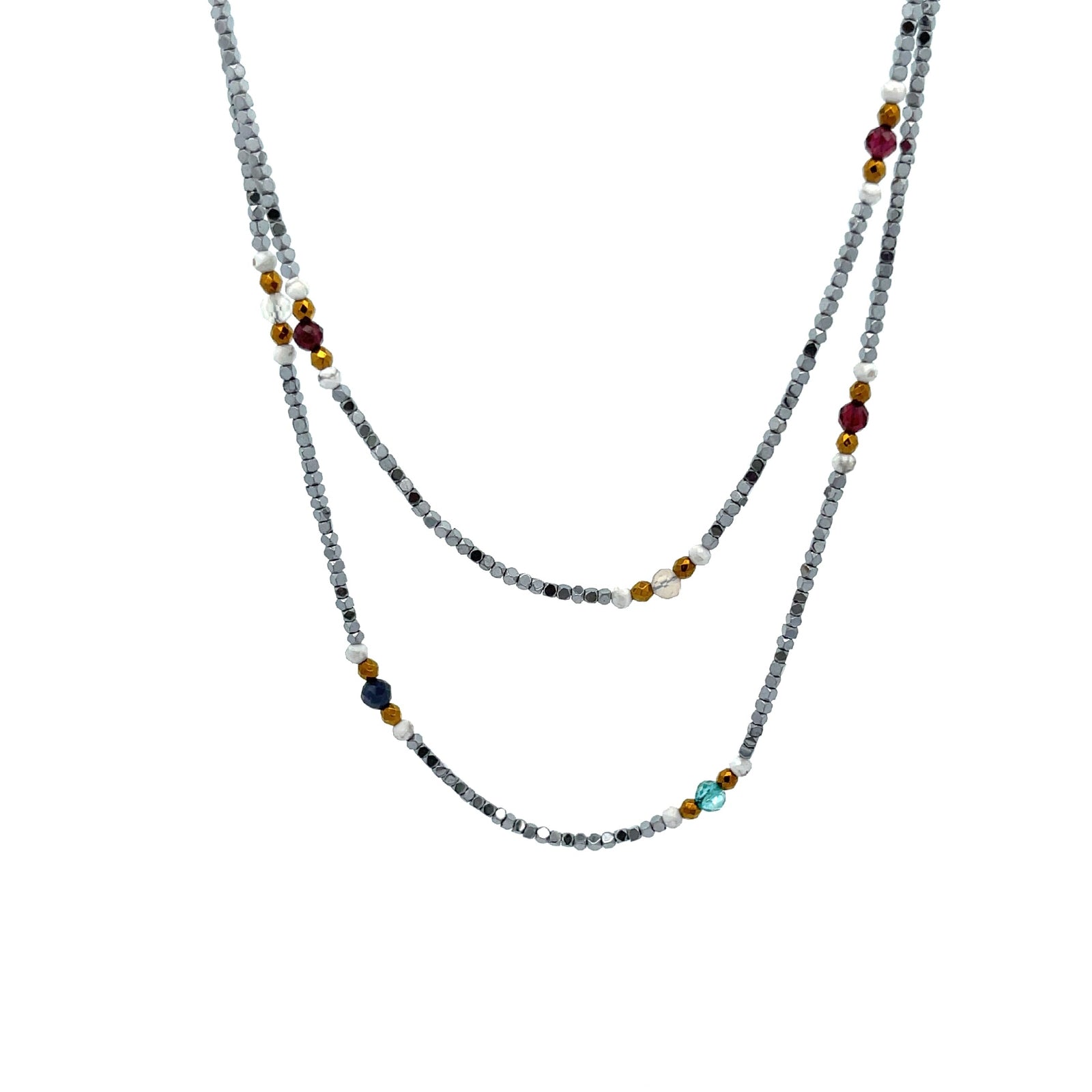 "Twinkle" Silver Hematite and Mix Stones Long Necklace
