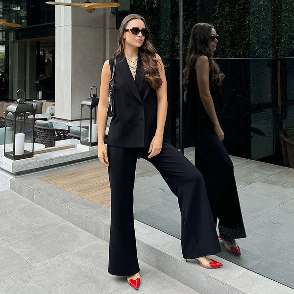 "Lauren" Acetate Long Style Vest / Black