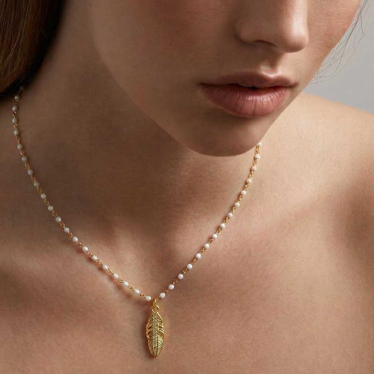 “Resha” 925 sterling silver Feather & Beaded Necklace