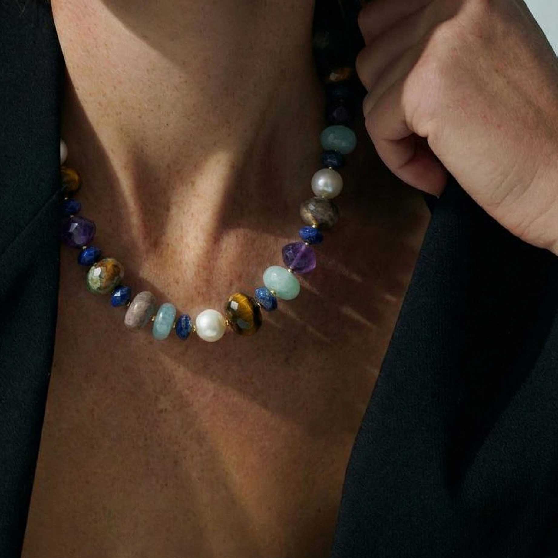 "Pearl Party " Swarovski Pearl, Lapis Lazuli and Gemstones Necklace