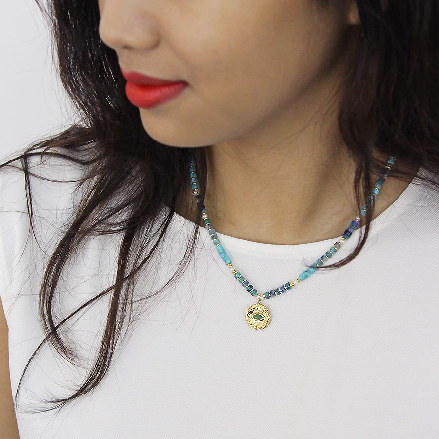 “Naomi” Gemstone Necklace with Golden Evil Eye / Turquoise