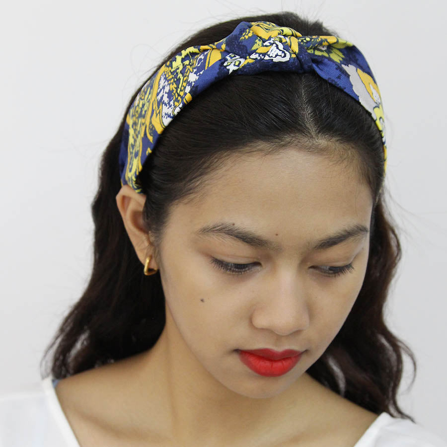 “Uka” Yellow & Blue Floral Knot Style Silk Headband