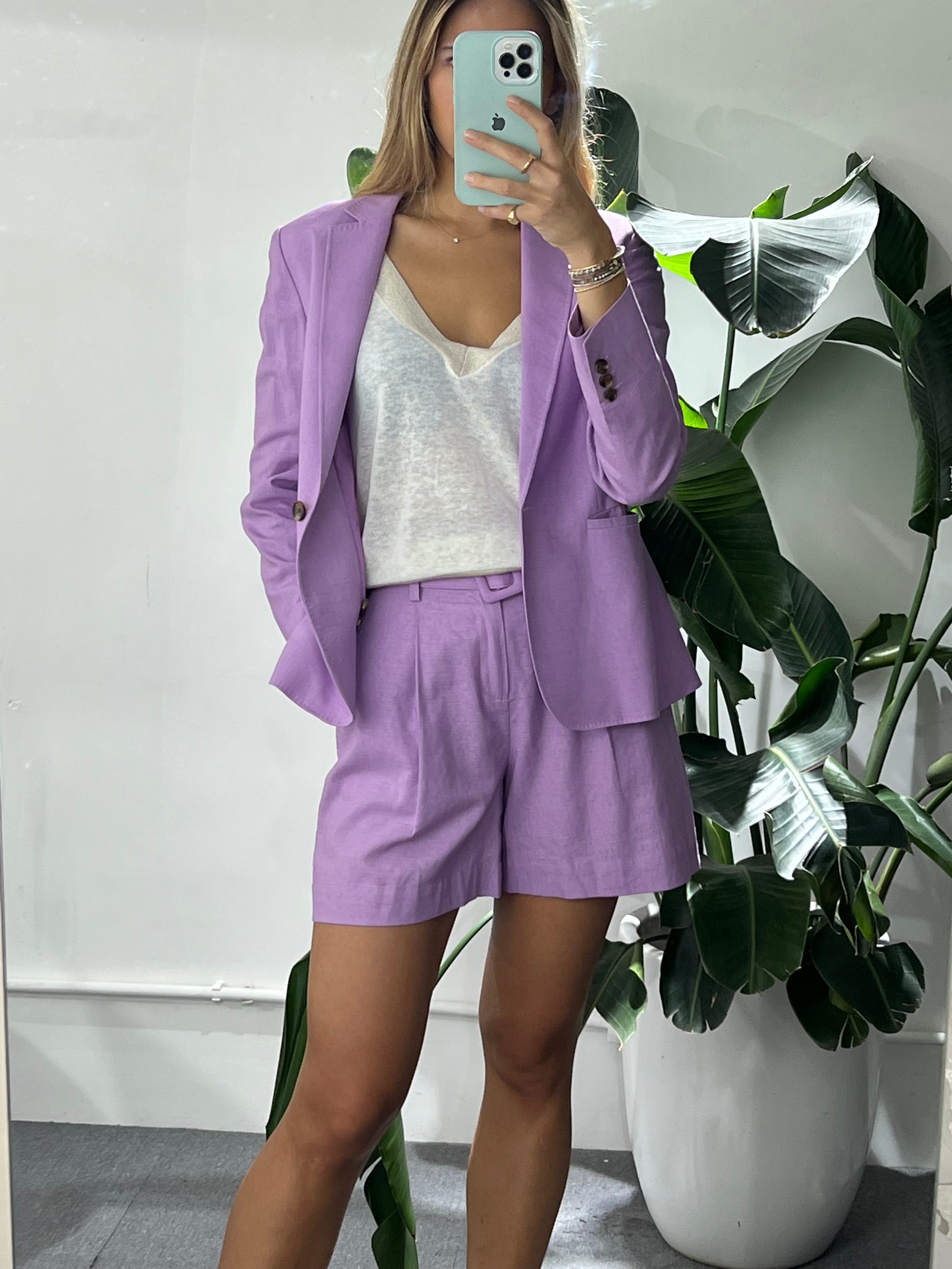 Stylish "Nova" Cotton Linen Shorts in Pastel Violet by Gosia Orlowska