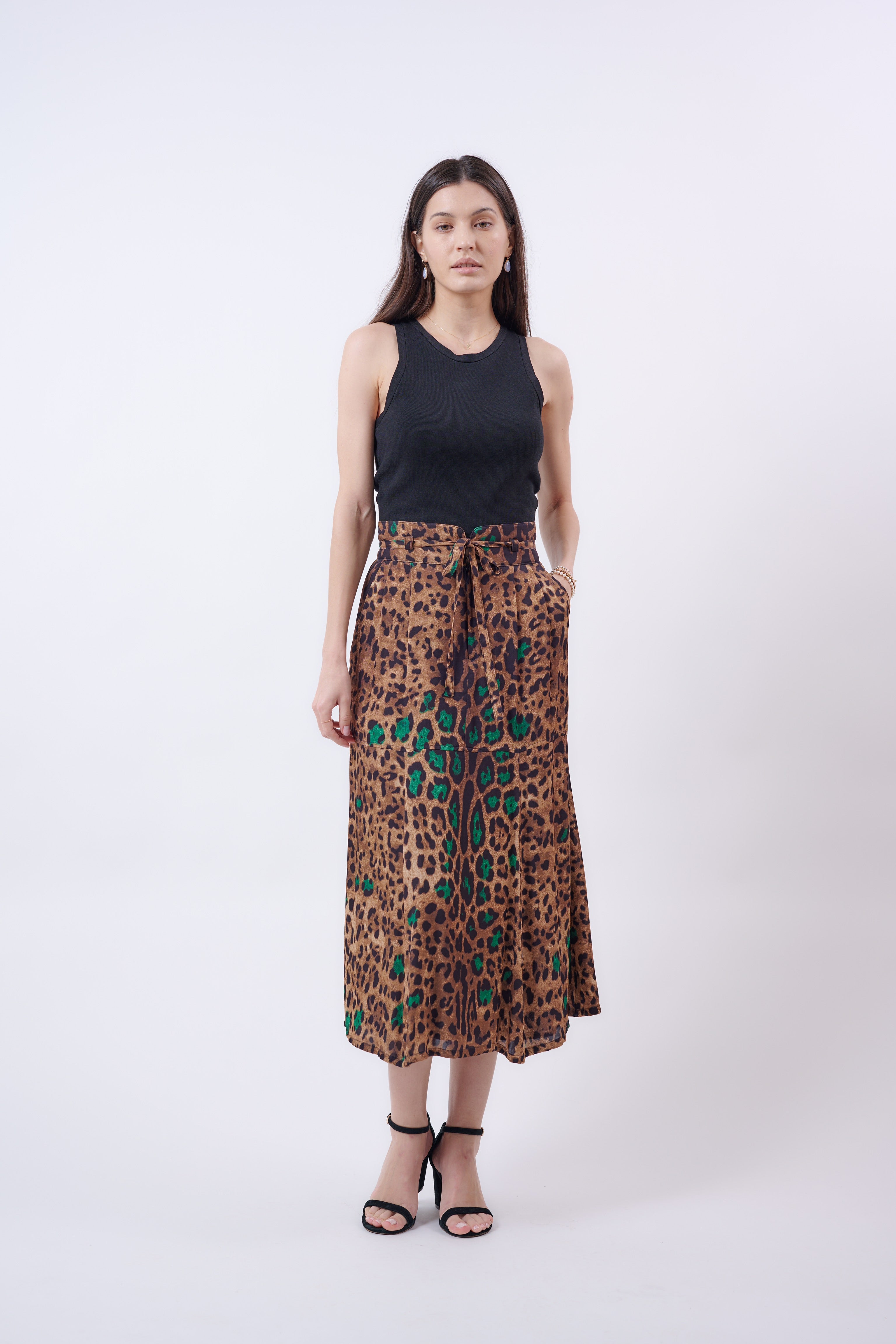 “Lara” Leopard print midi silk skirt