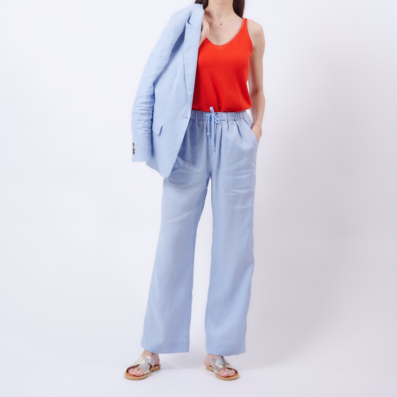 Shop Stylish Baby Blue Linen Pants by Gosia Orlowska