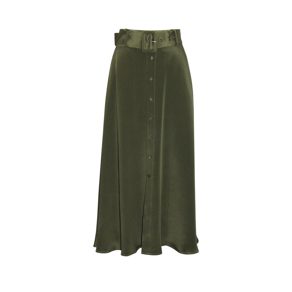 “Milo” Belted silk midi skirt